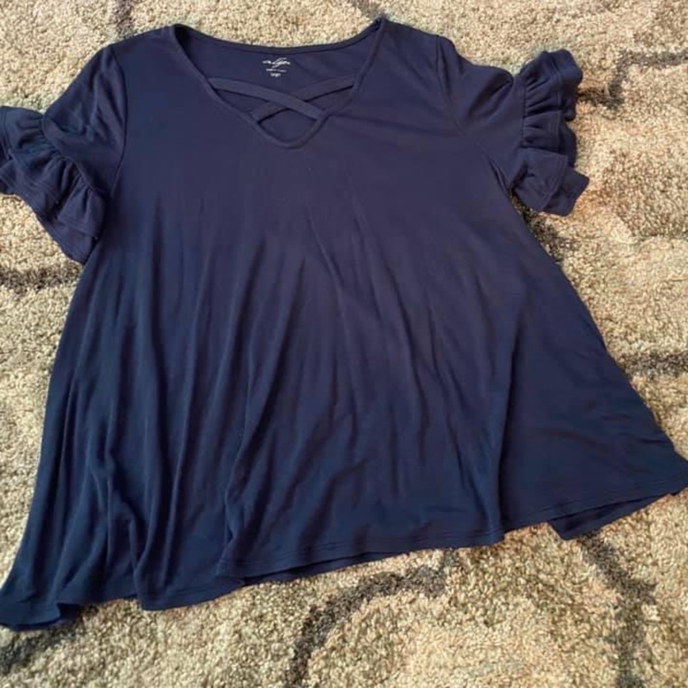 Navy blue blouse with ruffle sleeves